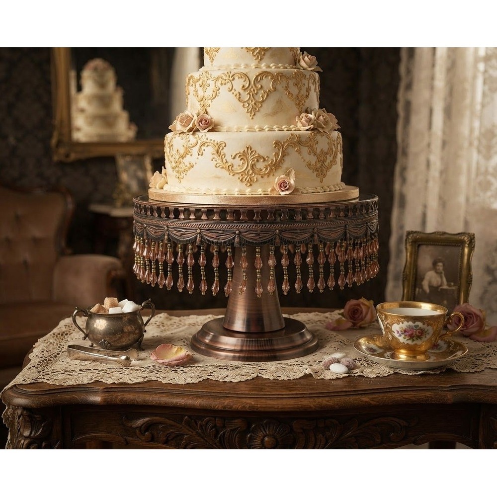 Vintage Copper Mirror Top Cake Stand with Beaded Fringe Victorian Style 12 Inch